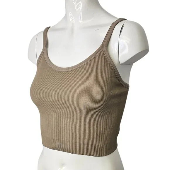 SET Active Womens Ribbed Crop Scoop Neck Tank Top, Tan, Stretch, Athletic Size M - Picture 3 of 7